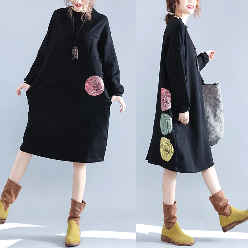 

P Ammy Lagenlook Cotton Batwing Sleeves Loose Jumper Dress Winter Fashion Thickening Warm Tunic Dress O-Neck Pullover