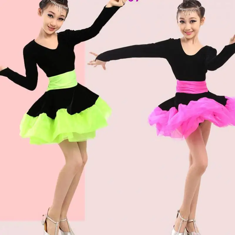 Professional Girl Long Sleeves Latin Dance Dress Children Ballroom Dancing Dress Kids Salsa Rumba Cha Cha Tango Stage Wear dance dress