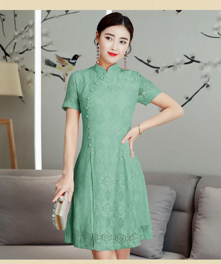 Летнее Современное женское короткое Кружевное китайское платье Ципао Qi Pao, вечерние платья в винтажном стиле Ao Dai, элегантное платье высокого качества