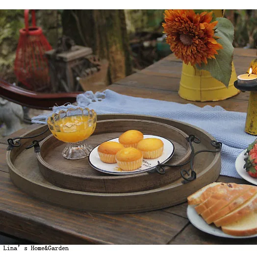 Set 2 Handcrafted Shabby Aged Finish Oval Wood Serving Tray with Scrolled Metal Handles (2)