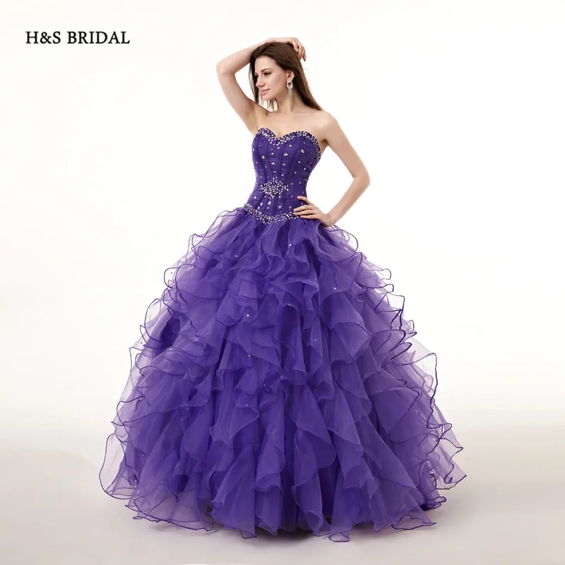 Prom dresses Quinceanera dresses Purple Organza Ball Gown Sequins Beaded Shinny Sweet 15 Robe de Soiree H&S BRIDAL