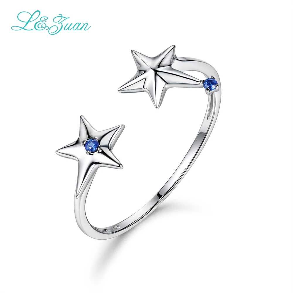 L&Zuan Double Star Sapphire Rings For Women 14K White Gold Natural Gemstone Simple Party Ring Wedding Bands Fine Jewelry 0015-1