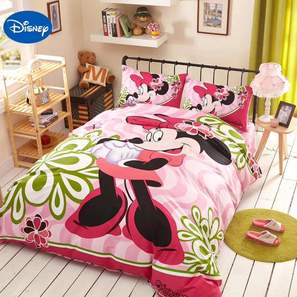Merah Muda Kartun Disney Minnie Mouse 3D Set Tempat Tidur Untuk Anak