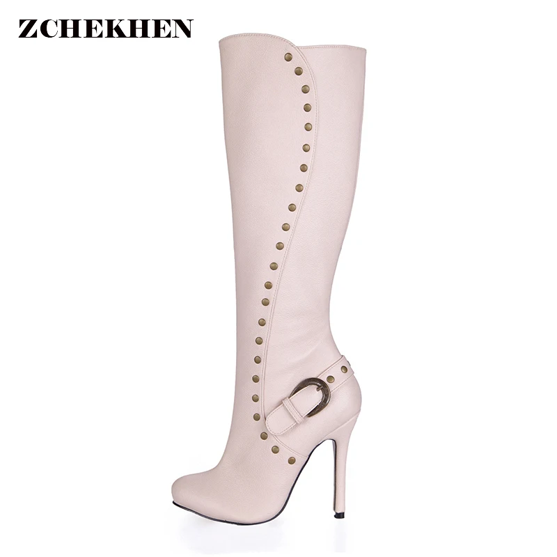 

PU Leather Long Dance Boots Women Rivets High Heel Round Head Boots Women Over The Knee Thigh High Boots