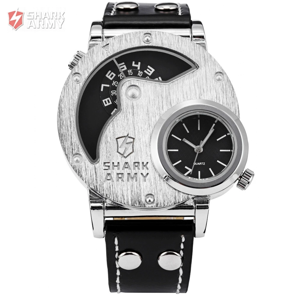 SHARK ARMY Stainless Steel Big Size Dual Time Black Leather Strap Quartz Relogio Masculino Men's Sport Military Watches /SAW053 SHARK ARMY Stainless Steel Big Size Dual Time Black Leather Strap Quartz Relogio Masculino Men's Sport Military Watches /SAW053