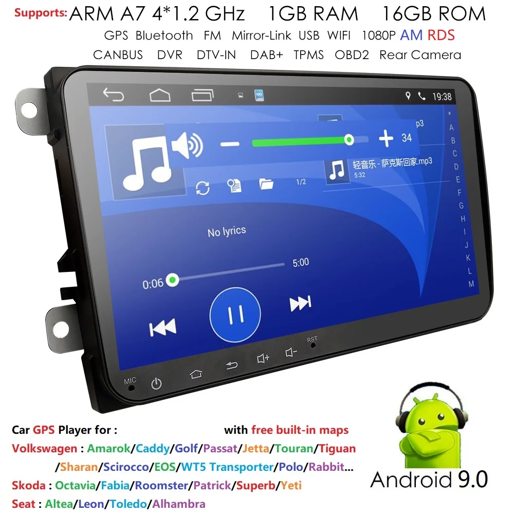  2 Din 9'' quad core Android 9.0 car multimedia GPS for VW Polo Jetta Tiguan passat b6 cc fabia mirr