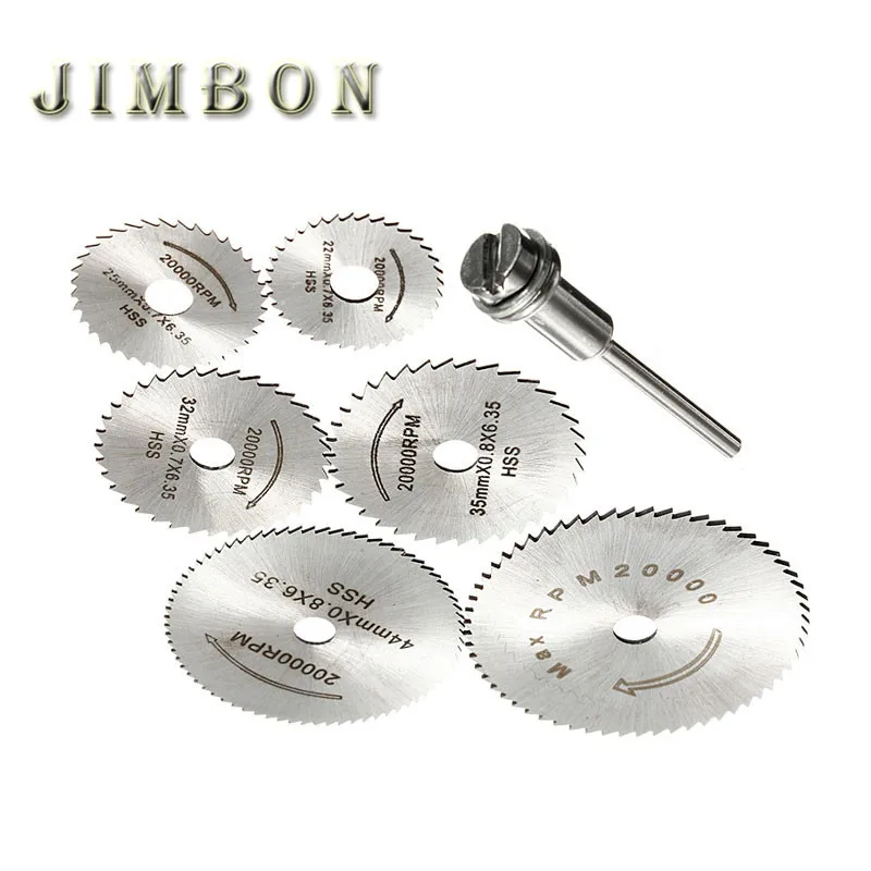

JimBon 7pcs HSS Rotary Tool 22 /25 /32 /35 /44 /50mm Circular Saw Blades Cutting Wheel Discs Mandrel for Dremel Cut off