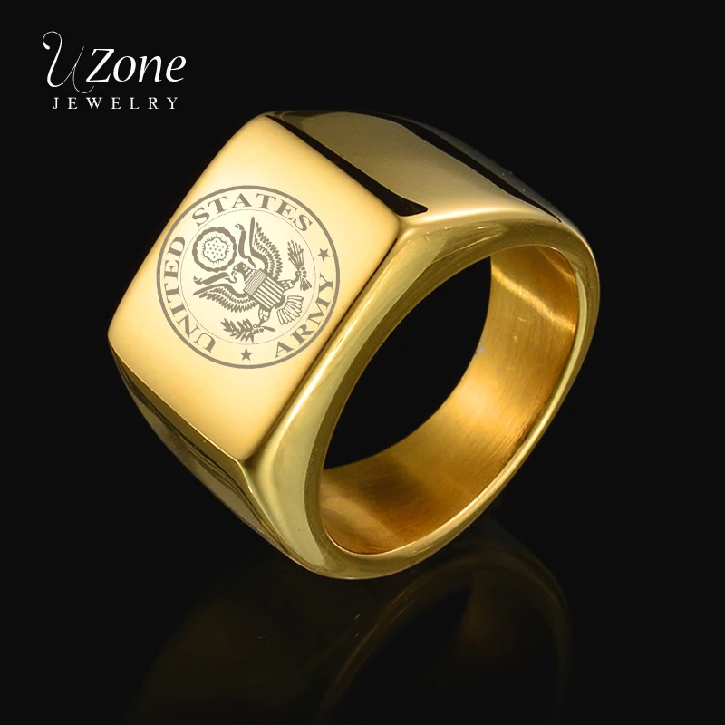 

UZone Stainless Steel Gold Brushed US Army Ring Punk Eagle Big Width Square Signet Ring For Women Men Party Gift Drop Shipping