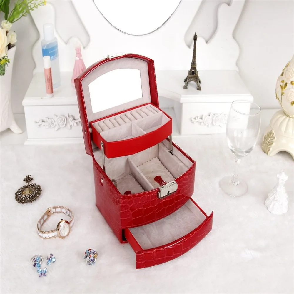 

Clearance Jewelry Display Box High Grade Crocodile Print 3 Layers Ring Necklace Jewelry Case Lady Gift Home Storage Supplies