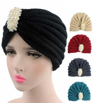 

New fashion winter NEW handmade crochet beanie Head Cover Up hat Turban with pearl jewelry