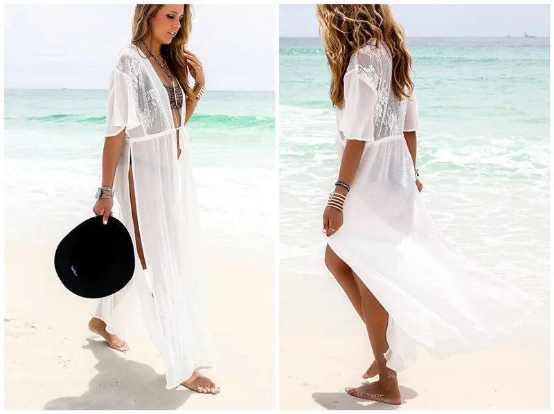 Сексуальное прозрачное парео пляжное платье с запахом прозрачная шифоновая Туника женская летняя пляжная одежда Белое Прозрачное Бикини накидка саронг N353