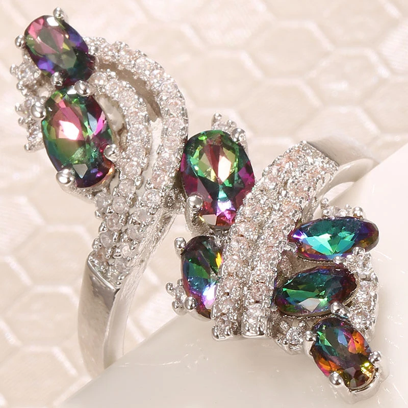 Цветные радужные стразы кольца для женщин романтичный серебристый цвет CZ обручальные кольца ювелирные изделия милый узел кольцо Anillos Mujer L5H963