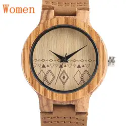 Холодный деревянный Часы модные Пояса из натуральной кожи группы Modern Для мужчин Для женщин кварцевые природа бамбука наручные часы ромб