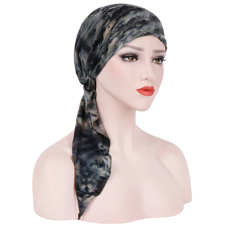 

Islamic Muslim Big Tail Tie-dyed Curved Flower Hat Women's Head Scarf Underscarf Hijab Headwrap Bonnet Head Cap Hair Accessories