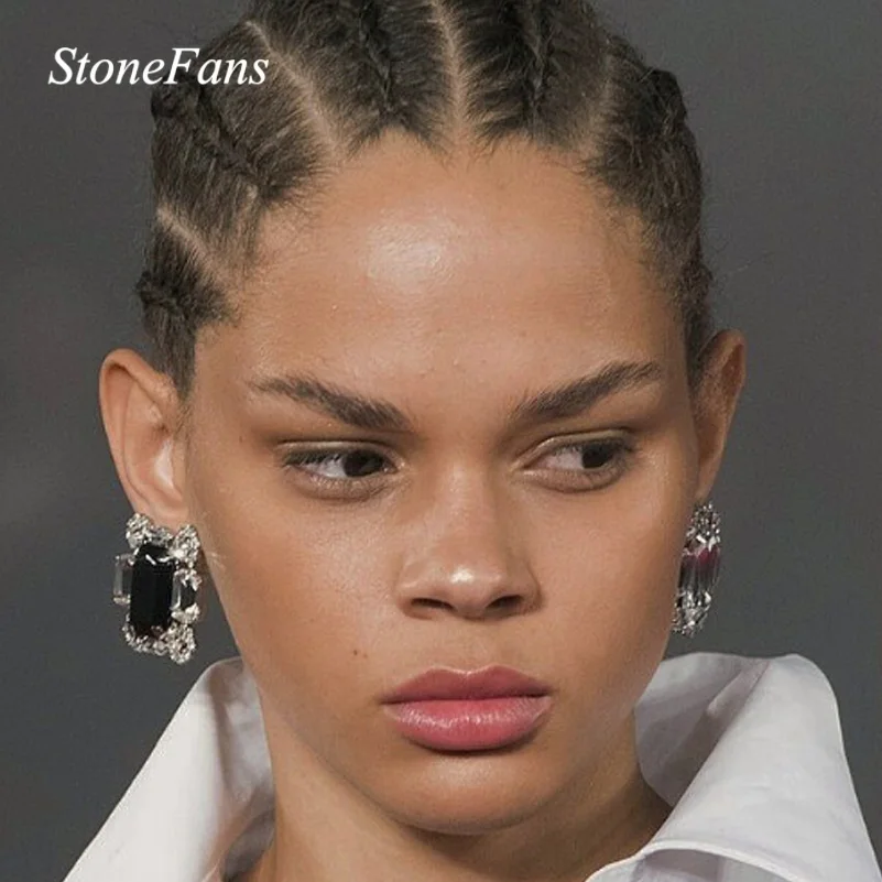 StoneFans New Square Clip Earrings no Hole Wedding Jewelry Women Large Clear Crystal Rhinestone Clip on Earrings Ear Women