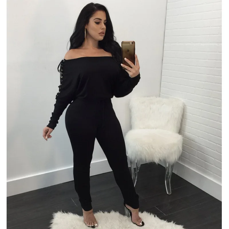 

Women bandage lace up hollow out jumpsuit Casual Rompers for female women long sleeve overalls for female off shoulder jumpsuits