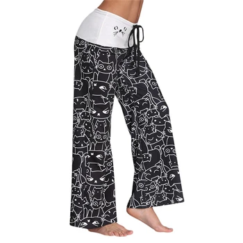 

Cute Cat Printed Women High Waist Cartoon Pants Wide Leg Trousers Flare Long Loose Harem Pants