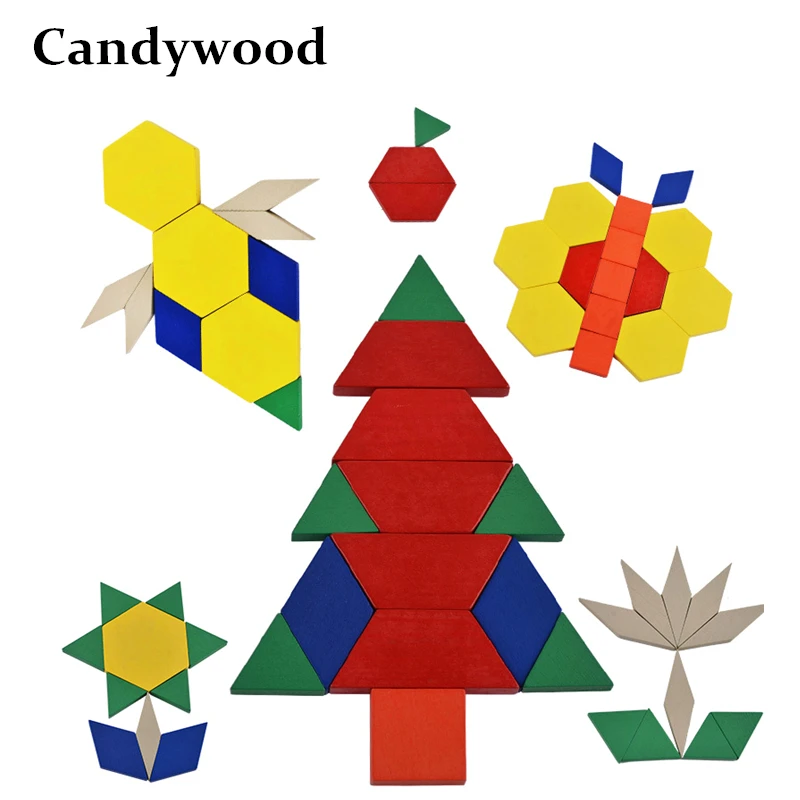 High Quality Colorful Geometric Jigsaw Puzzle Children Learning Practice square triangle Pentagon diamond trapezoid wooden Toys | Игрушки и