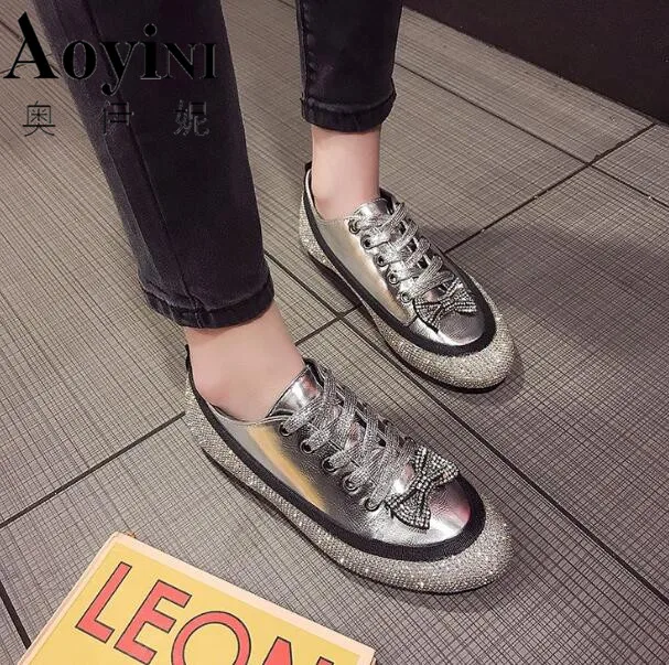 

Fashion Sneakers Women Flats red Black Silver Shoes Rhinestone Bling Casual Shoes Korean Luxury Creepers Female Shoes