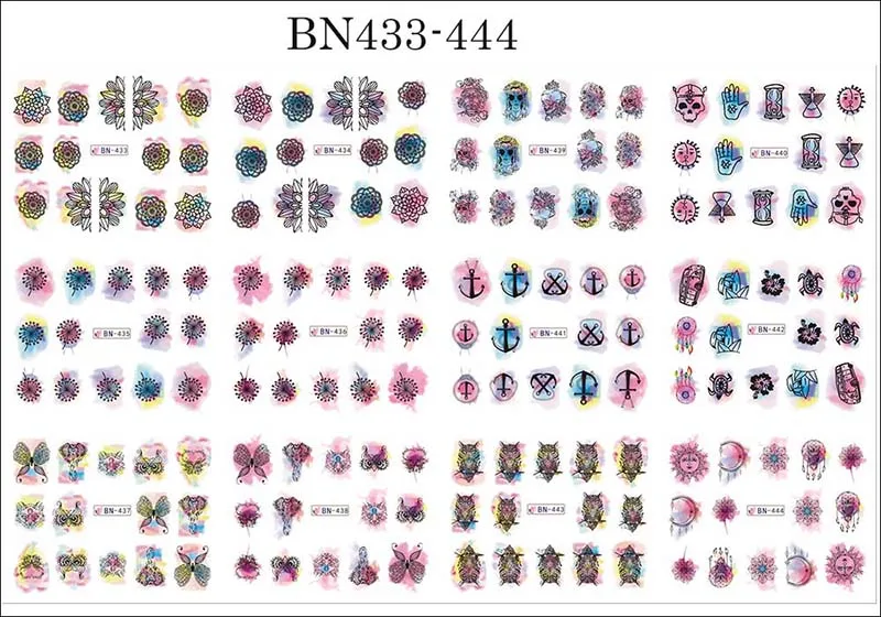 12 видов конструкций акварельные наклейки для дизайна ногтей слайдер DIY градиентные амулеты красочные маникюрные наклейки для дизайна ногтей Водные Наклейки TRBN409-444 - Цвет: BN433-444