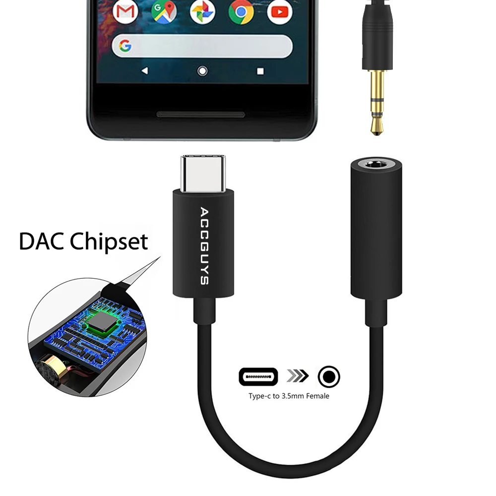 

ACCGUYS Type C to 3.5mm Earphone Aux Audio Cable Adapter Noise Cancelling DAC Chip Converter For Google HTC U11 Essential PH1