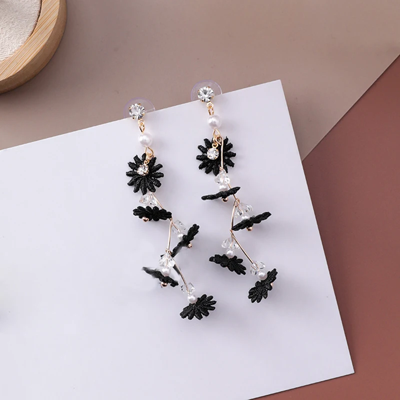 

JZTOP Imitation Pearls Daisy Long Drop Earrings Ladies Lace Crystal Chrysanthemum Flower Dangle Earring For Women