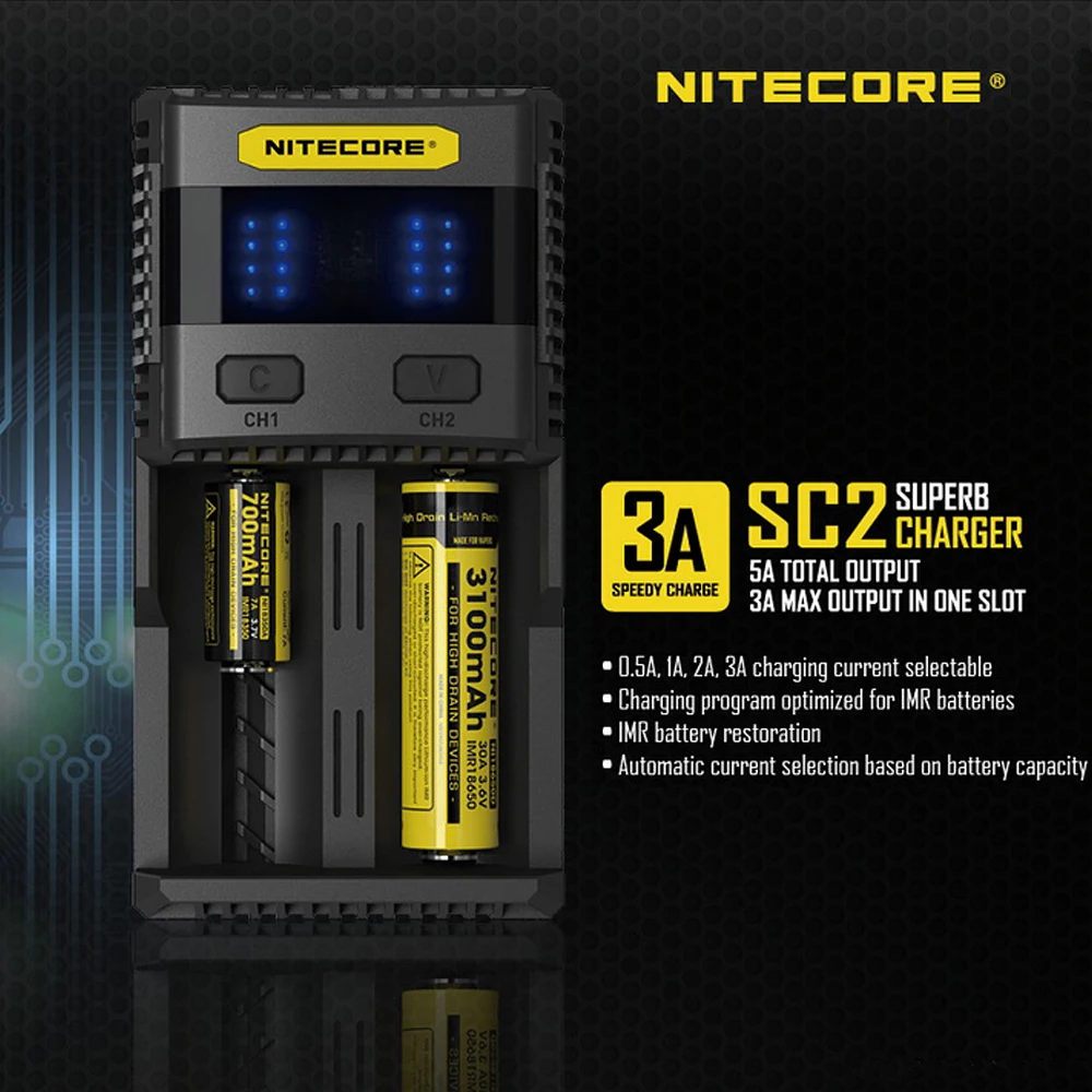 Умное быстрое зарядное устройство NITECORE SC2 превосходное с 4 слотами 6А общая