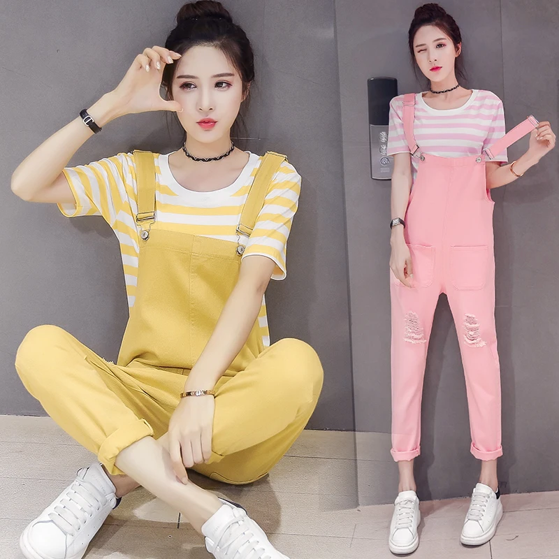 

2019 Spring and Summer Korean Atyle Pregnant Women Denim Overalls Pink/yellow Maternity Fashion Cotton Rompers with Pockets