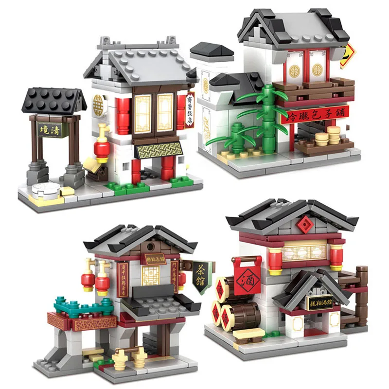 

617Pcs City Series 4 In 1 Toys Mini Street View China Street Ancient Architecture Model Building Block Compatible Legoings Gift