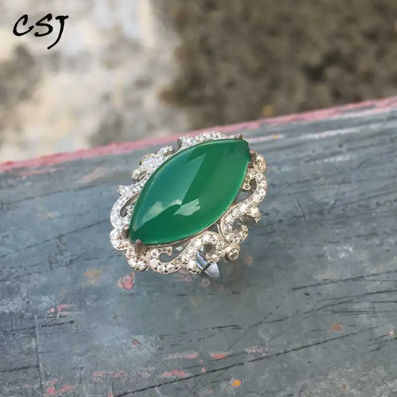 

CSJ Natural Green Agate Rings 925 Sterling Silver Mq10*20 mm Fine Jewelry Party for Women Femme Girl Gift