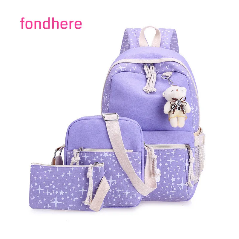 

fondhere 3 Pcs/set Women Backpack Set Star Print Canvas School Bag For Teenage Girls Large Capacity Travel Bagpack Set With Bear