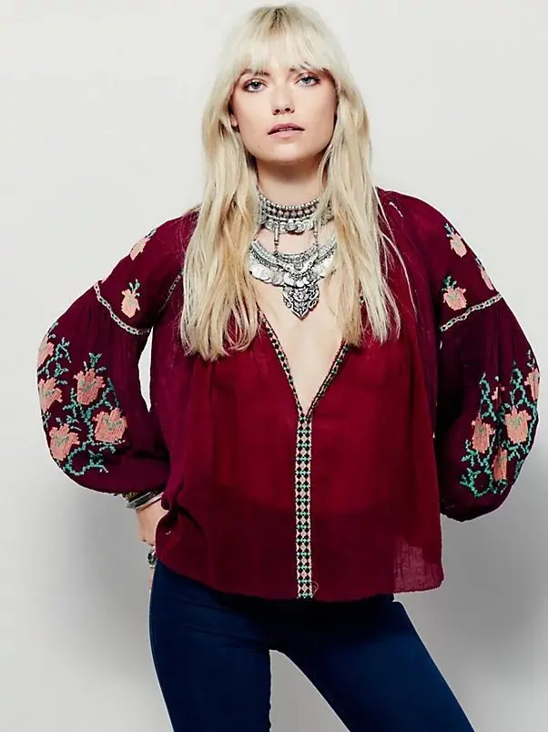 Cena 2018 ciężki haft kobiety koszule loose casual boho hippie chic style bluzki hot sprzedaż moda jesień odzież floral top koszula