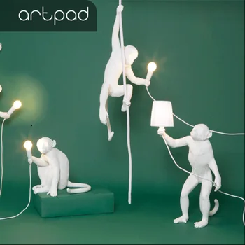 

Nordic Modern Black White Monkey Lamp Stand Sit Hanging Desk Type Rope Lamp Restaurant Store Living Room Hanging Pendant Light