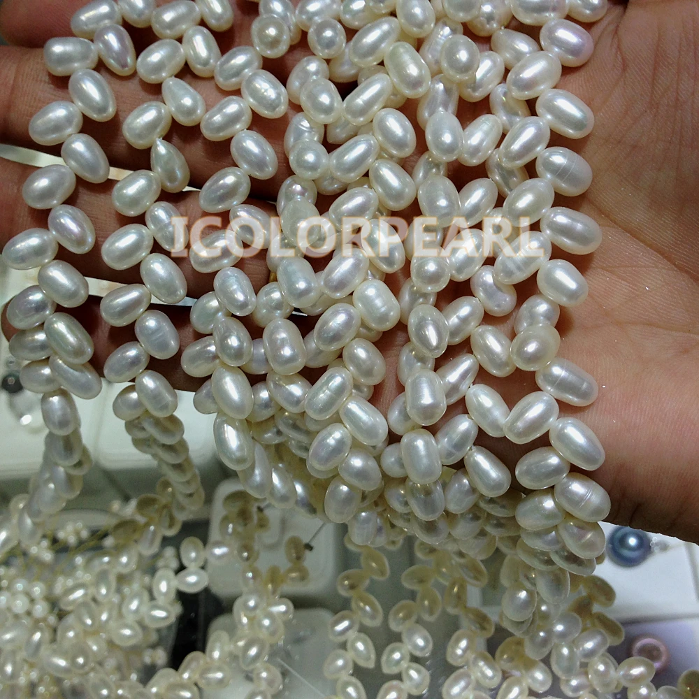 Дизайн пшеницы в форме риса(7x11 мм) белый натуральный пресноводный жемчуг ожерелье. Классические жемчужные ювелирные изделия для всех девочек