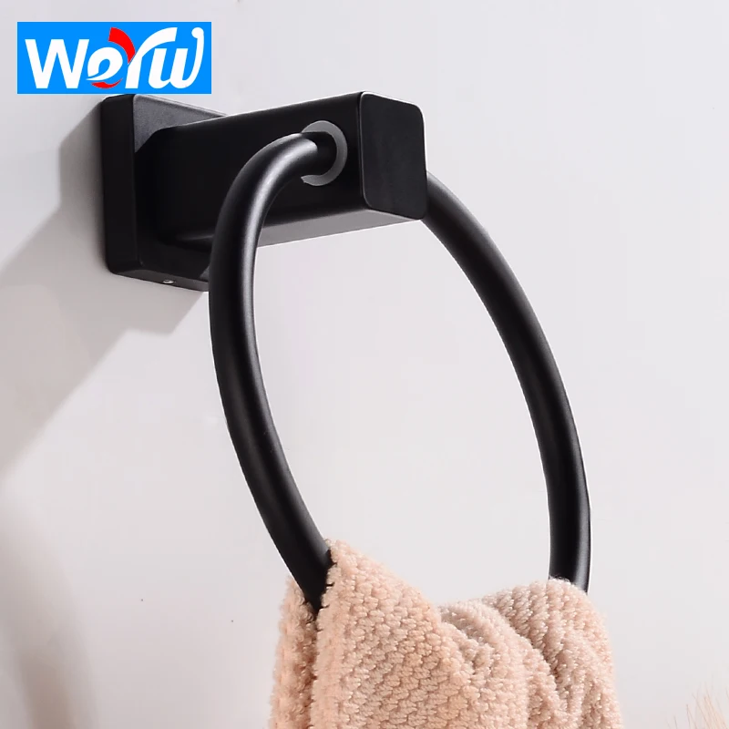 

Towel Holder Black Round Towel Ring Holder Wall Mounted Bathroom Towel Rack Rail Hanger Aluminum Robe Rack Bathroom Accessories