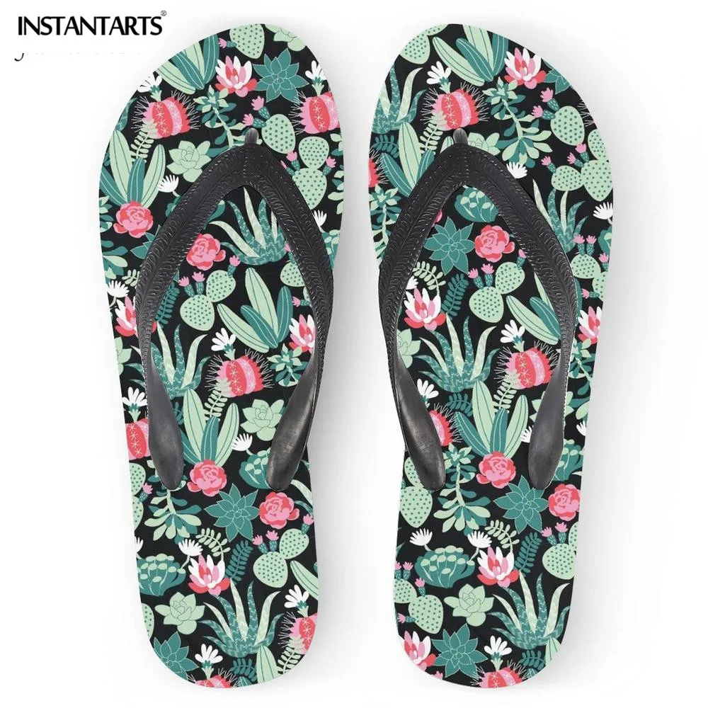 

INSTANTARTS Summer Women Rubber Slippers Cactus Flower Pattern Female Walking Home Sandals Ladies Flip Flops Non-slip Girl Flats