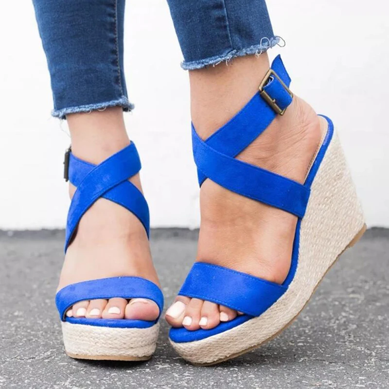 

MoneRffi Summer Women High Heels Fish Mouth Cross-Tied Buckle Ankle Strap Open Toe Outdoor Cross-Tied Wedge Sandals 2019 Mujer