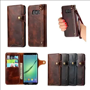 

Button Retro Vintage Lanyard Book Flip Genuine Leather Wallet Case for Samsung Galaxy S8 Phone Cover Coque