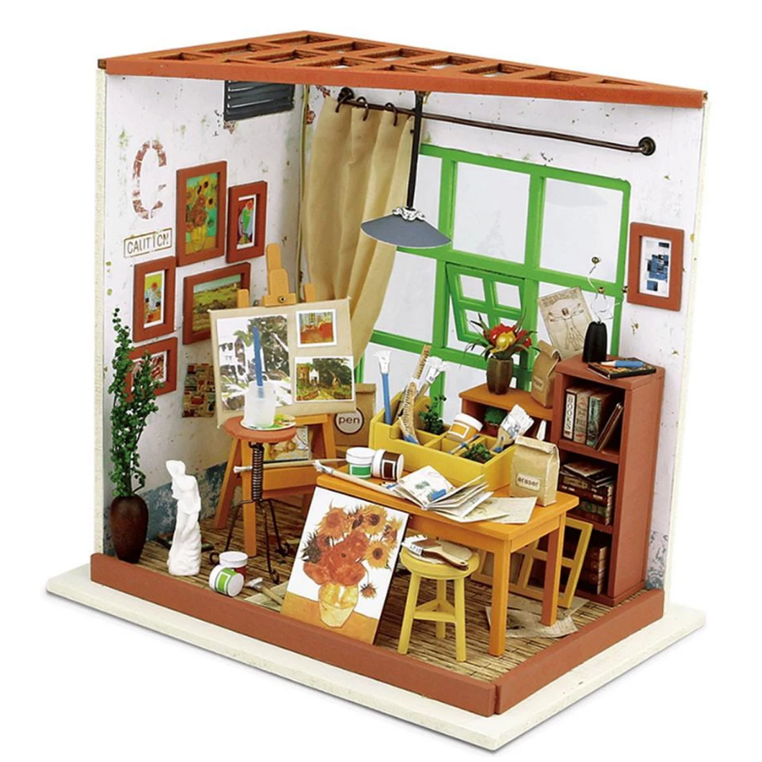 

Robotime Manual Assembly DIY Dollhouse Studio with LED Light Stem Toys with Mini Painting tools for Home Decoraction