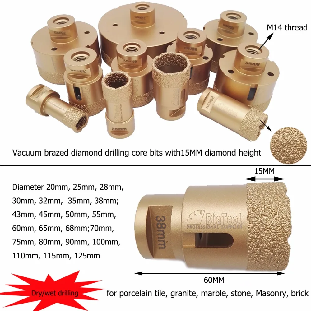 DIATOOL 1pc Diamond Vacuum Brazed Drilling Core Bits With M14 Connection Drill Bits Hole Saw 15MM Diamond Height DIATOOL 1pc Diamond Vacuum Brazed Drilling Core Bits With M14 Connection Drill Bits Hole Saw 15MM Diamond Height