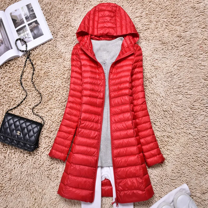 Koop Sanishroly S 6XL 2018 Vrouwen Capuchon Midi Lange Ultra Licht Down Jas Parka Dames Witte Eendendons Bovenkleding Plus Size SE299