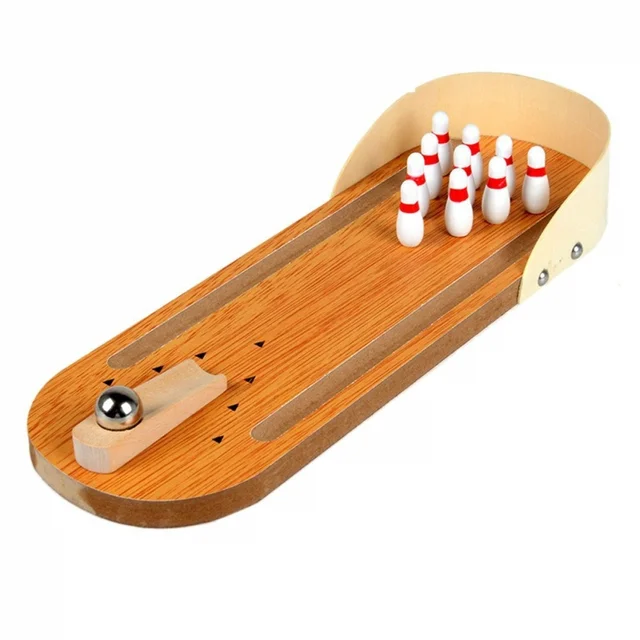 US $7.79 Mini Desktop Bowling Game Set Wooden Bowling Alley Ten Metal Pin Ball Desk
