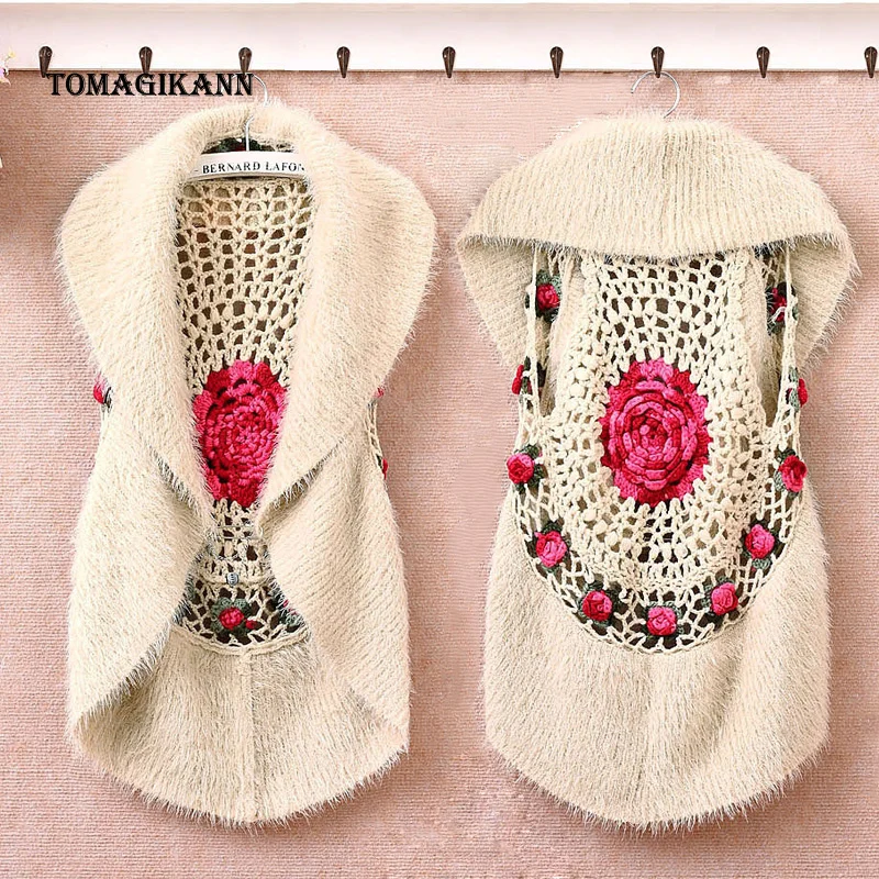 Dámské pletené vesty 2019 Vintage ručně vyráběné 3D květinyHollow Out Tippets Kabát Braid Vestu Cardigan Elegantní pro ženy
