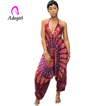 

Adogirl bohemian halter neck lady jumpsuits sleeveless one piece suits long harem pants printed high waist rompers