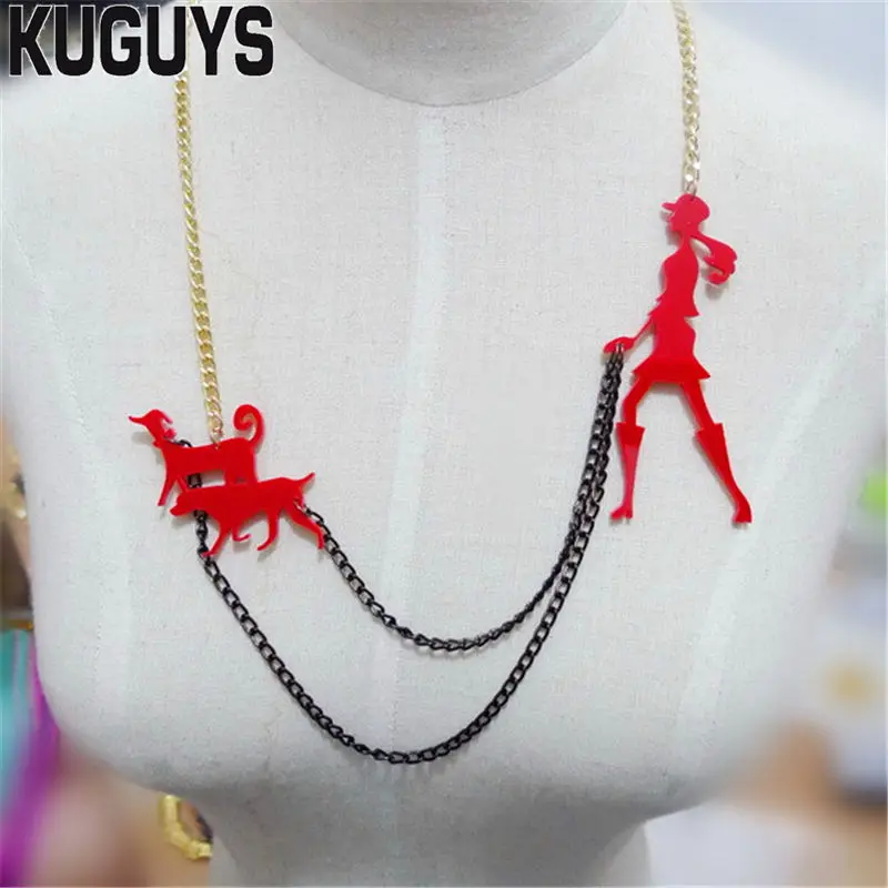 

KUGUYS Fashion Acrylic Jewelry Custom Women Red Walking the Dog Woman Pendant Necklace Link Chain Trendy Poodle Necklaces