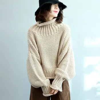 

Mferlier Women Sweater Solid Color Turtleneck Long Sleeve Vintage Knitted Sweater Plus Size Winter Spring Womens Top