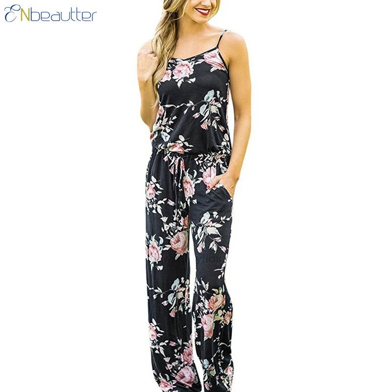 ENbeautter Print Floral Jumpsuit Women Spaghetti S...