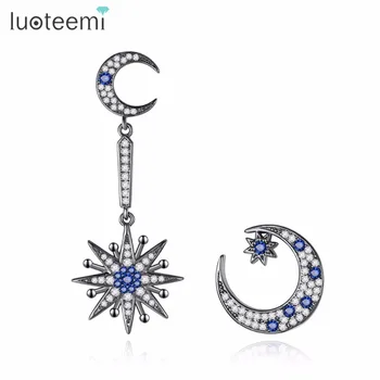 

LUOTEEMI New Arrival Black Tone The moon and Star Asymmetric AAA Cubic Zirconia Drop Earrings For Women Fashion Brincos Bijoux