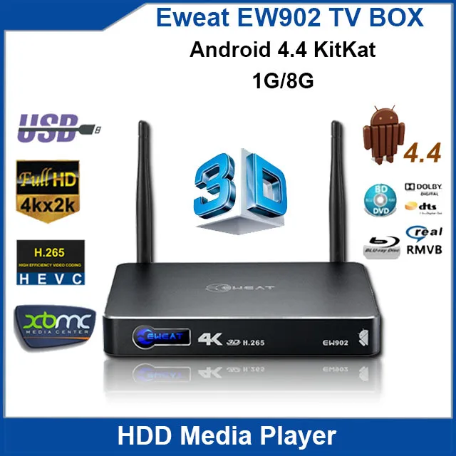 Eweat Ew902 Android4.4 Tv Box Realtek Rtd1195 Hd 3d 4k Media Player 1g ...