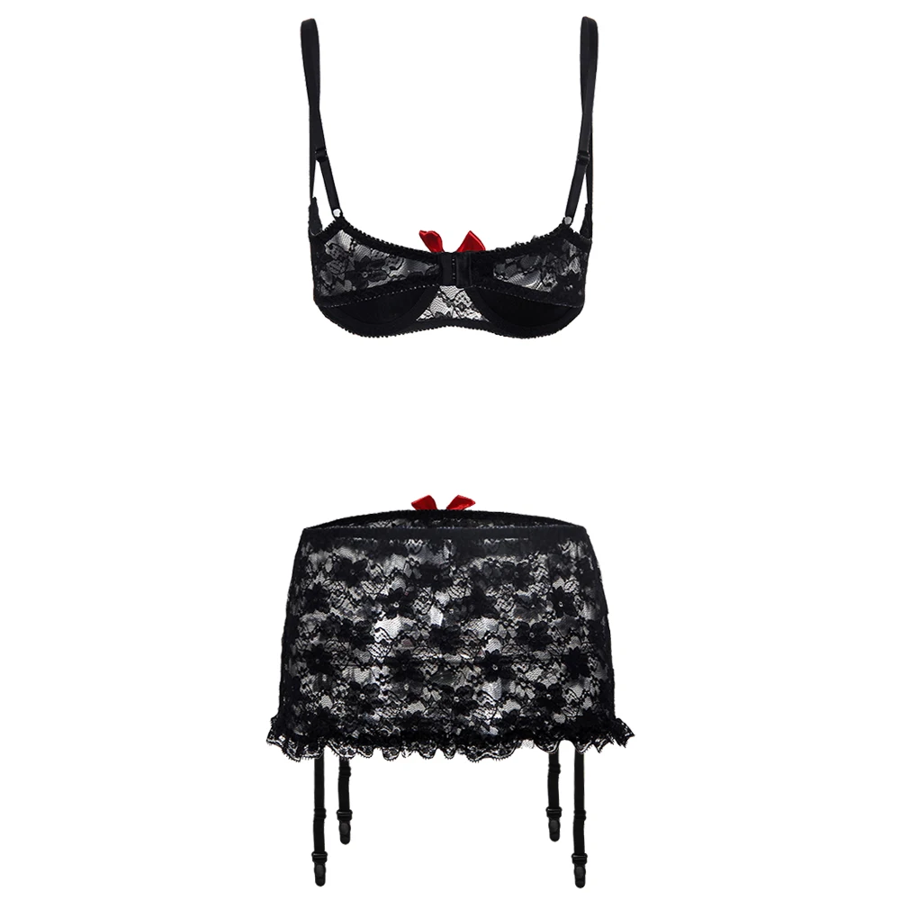 2018 New Sexy Lingerie Hot Erotic Lace Babydoll Pajamas Exotic Open Bra Underwear Suit Open Cup Bra+Garter+Skirt With Steel Ring